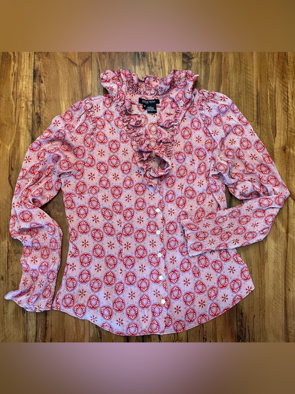 Silk Blend Ruffled Neck Pink & Red Blouse Large Sz 12